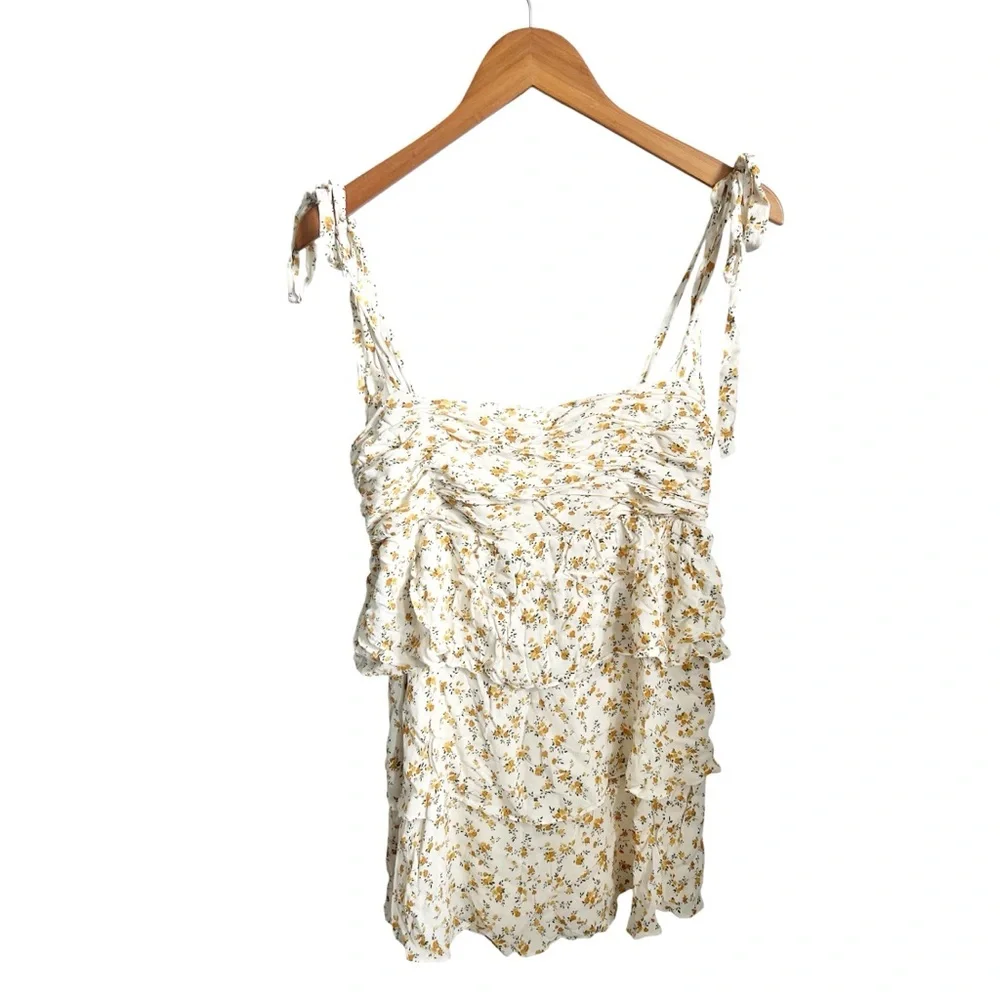 Reformation Avni Babydoll Tiered Tie Sleeve Yellow Floral Mini Dress Size Large - Picture 4 of 8